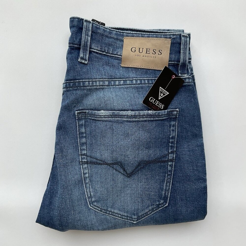Guess Men’s Slim Tapered Jeans Blue Denim Heavy Destroyed Details Size 31
